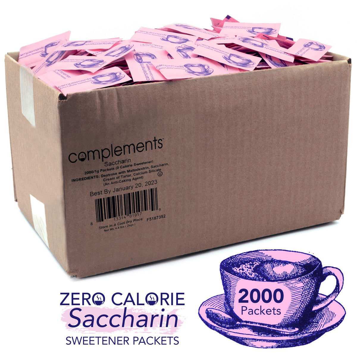 Complements Zero Calorie Saccharin Pink Sweetener Packets by HEARTLAND – 2000 Count (Pack of 1), Model F5187352
