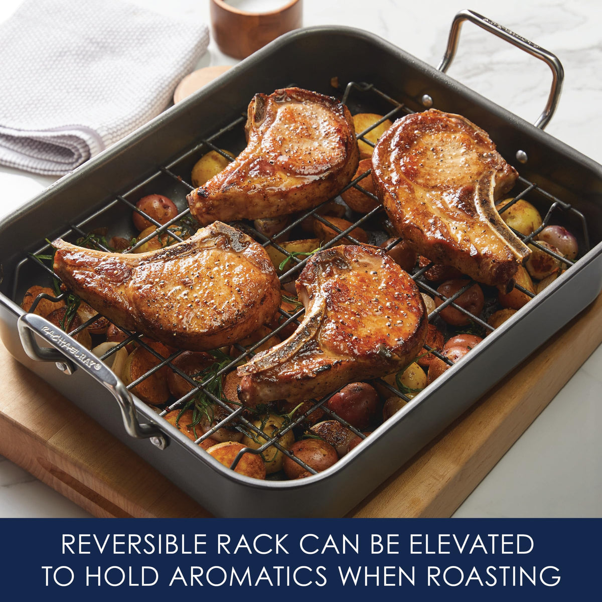 Rachael Ray Steel Roasting Pan with Rack, 16.5 x 13.5 Inch, Gray