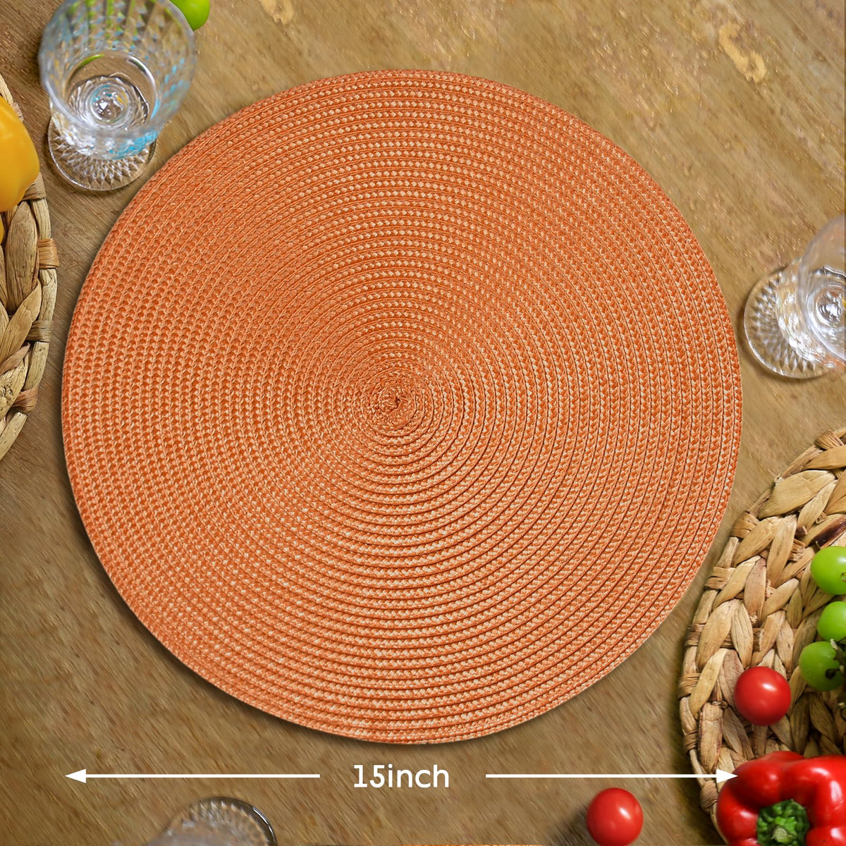 FunWheat Round Braided Placemats, 15 Inch Diameter, Set of 6, Pumpkin Orange