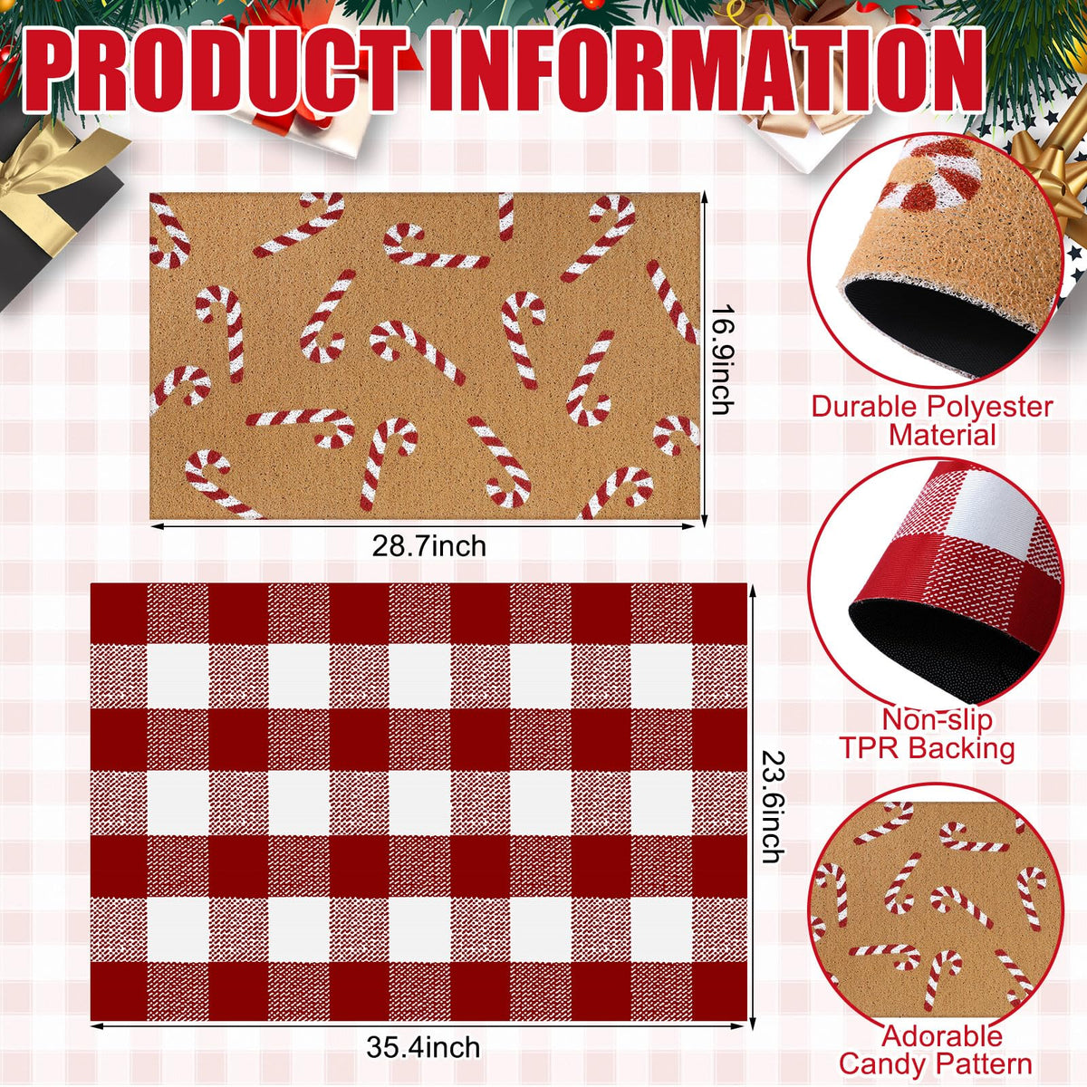 Drydiet Layered Doormat Set, Buffalo Plaid Candy Cane Design, Red and White