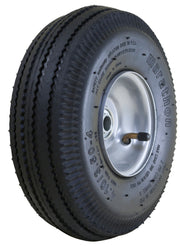 Pneumatic 4.10/3.50-4” Tire and Wheel Assembly by Marathon – 5/8" Ball Bearings, Alloy Steel, Black and Gray Rim, Model 20010
