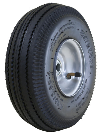 Pneumatic 4.10/3.50-4” Tire and Wheel Assembly by Marathon – 5/8" Ball Bearings, Alloy Steel, Black and Gray Rim, Model 20010