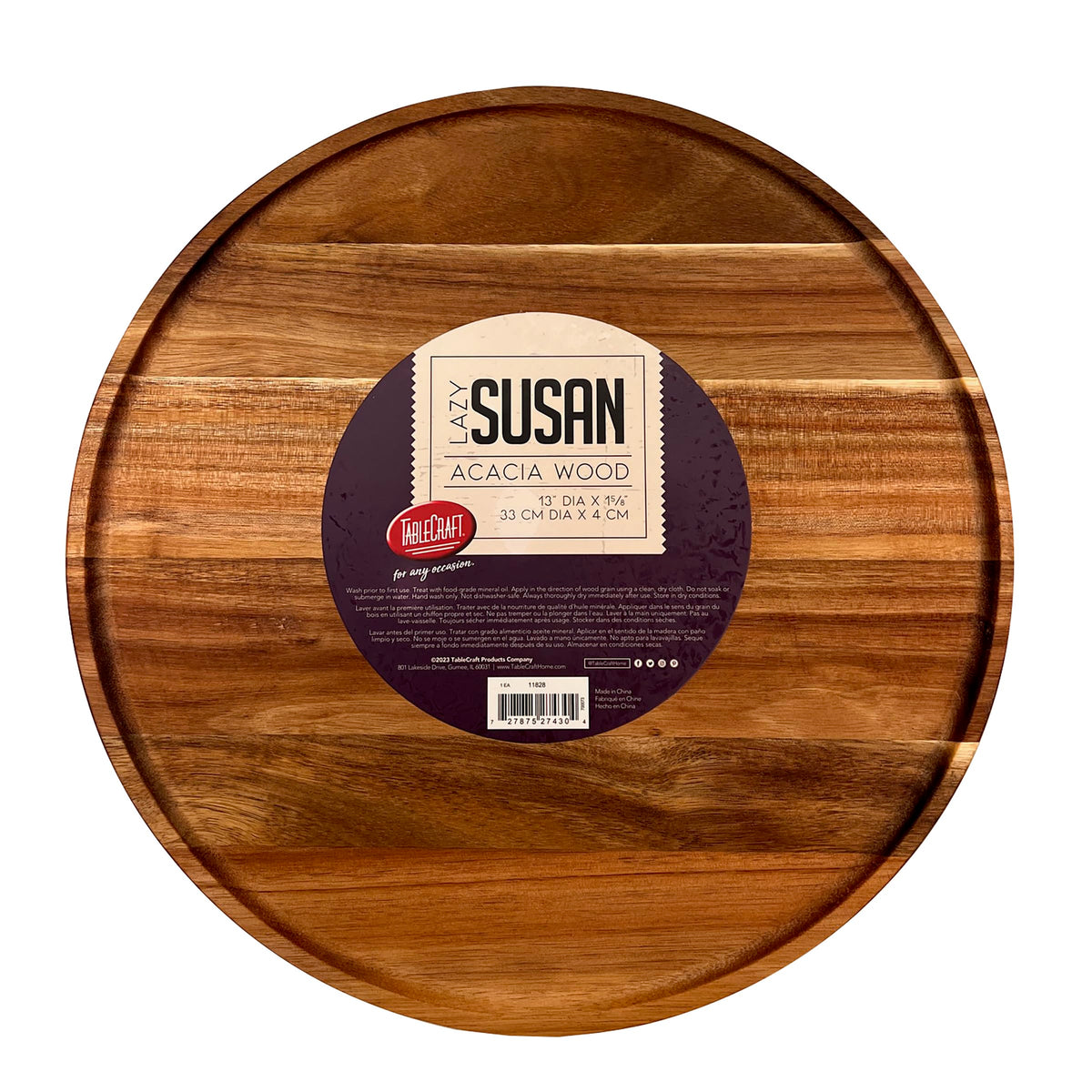 Acacia Wood Lazy Susan Turntable by Tablecraft – 13" Diameter, Acacia Wood, Brown, Model 11828