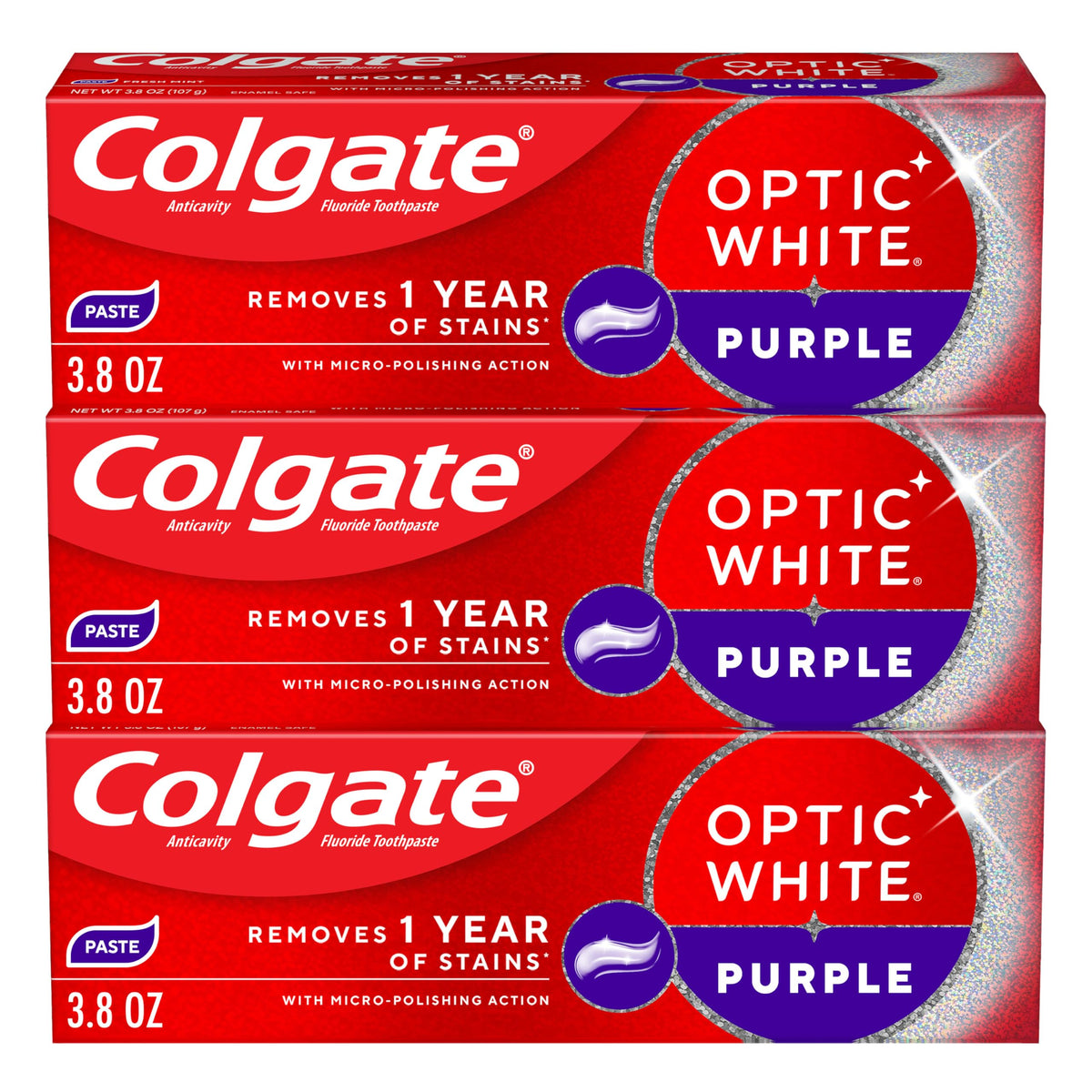 Optic White Purple Toothpaste with Fluoride by Colgate – 3.8 Ounce (Pack of 3), Purple, Pack of 3, Model 61057368