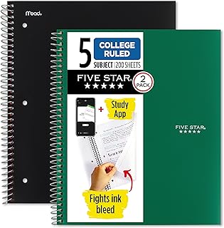 Five Star Spiral Notebook + Study App, 5 Subject, College Ruled Paper, 11" x 8-1/2", 200 Sheets, Black & Forest Green, 2 Pack (820190)