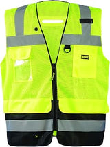OccuNomix LUX-LTGCSBK-YL Black Bottom Mesh Surveyor Vest with Zipper Closure, D-Ring, 7 Pockets & ID Pocket, Class 2, 100% ANSI Polyester, Large, Yellow (High Visibility)