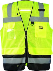 OccuNomix LUX-LTGCSBK-YL Black Bottom Mesh Surveyor Vest with Zipper Closure, D-Ring, 7 Pockets & ID Pocket, Class 2, 100% ANSI Polyester, Large, Yellow (High Visibility)