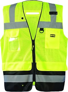 OccuNomix LUX-LTGCSBK-YL Black Bottom Mesh Surveyor Vest with Zipper Closure, D-Ring, 7 Pockets & ID Pocket, Class 2, 100% ANSI Polyester, Large, Yellow (High Visibility)