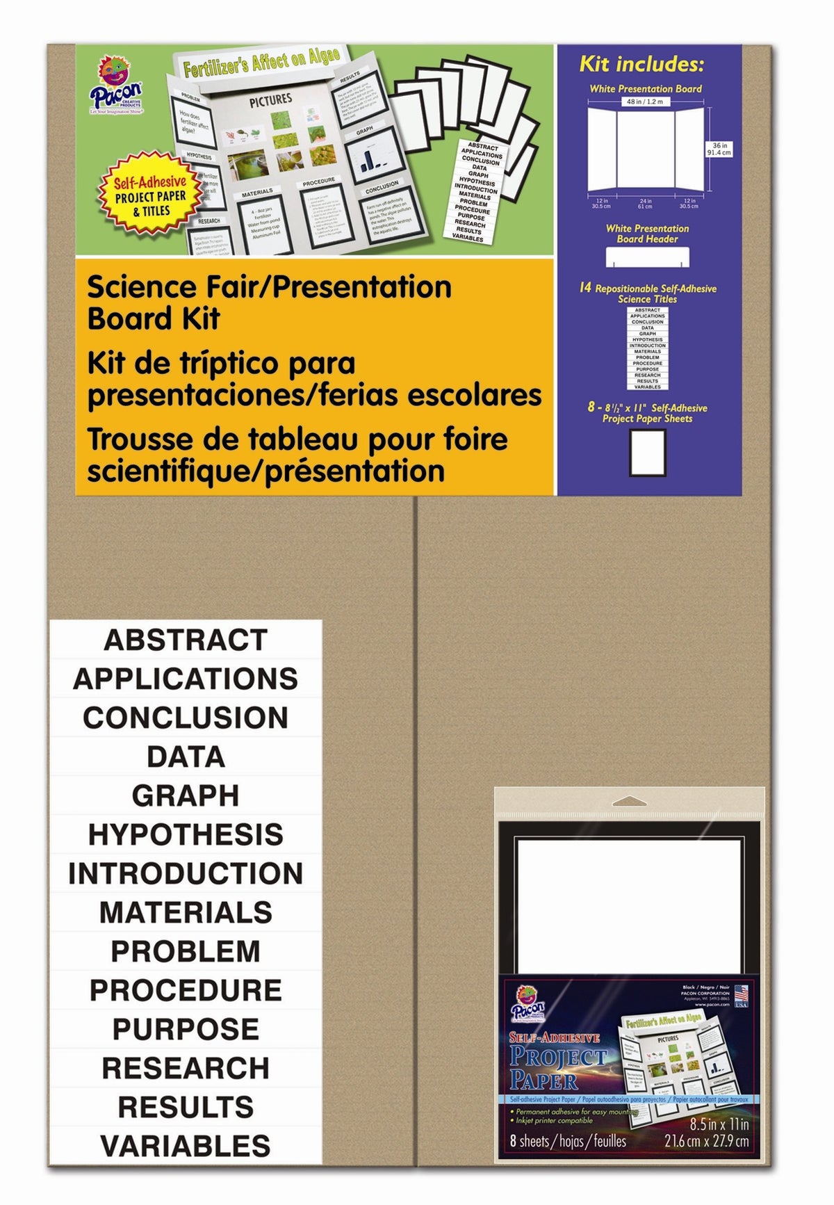 Presentation Board Kit by Pacon – 48 x 36 inches, Corrugate, White, Includes Self-Adhesive Project Papers, Model 3794