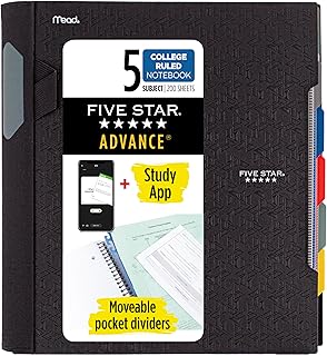 Five Star Advance Spiral Notebook + Study App, 5 Subject, College Ruled Paper, 8-1/2" x 11", 200 Sheets, Spiral Guard, Movable Tabbed Dividers, Black (73144)