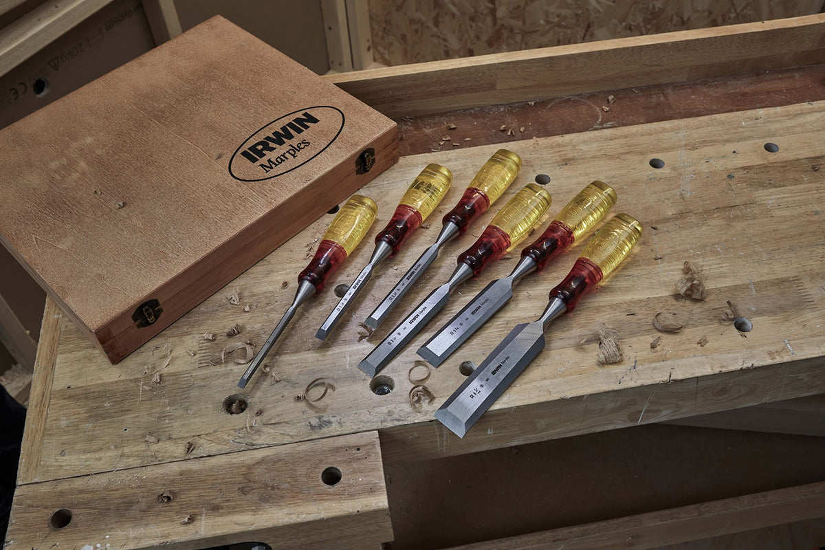 Marples M373 Split-Proof Bevel Edge Chisels 6-Piece Wooden Box Set by IRWIN – 1 - pack, Multi, Pack of 6, Model MAR373S6