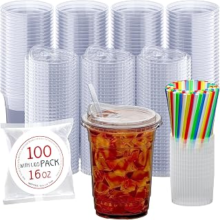 HAPPYFACE 100 Pack, 16 oz Disposable Clear Plastic Cups with Sip Through Lids, Straws, Paper Splash Guards & Sleeves, Iced Coffee Cups for Smoothie, Cold Drinks, Suitable for Home, Office and Party