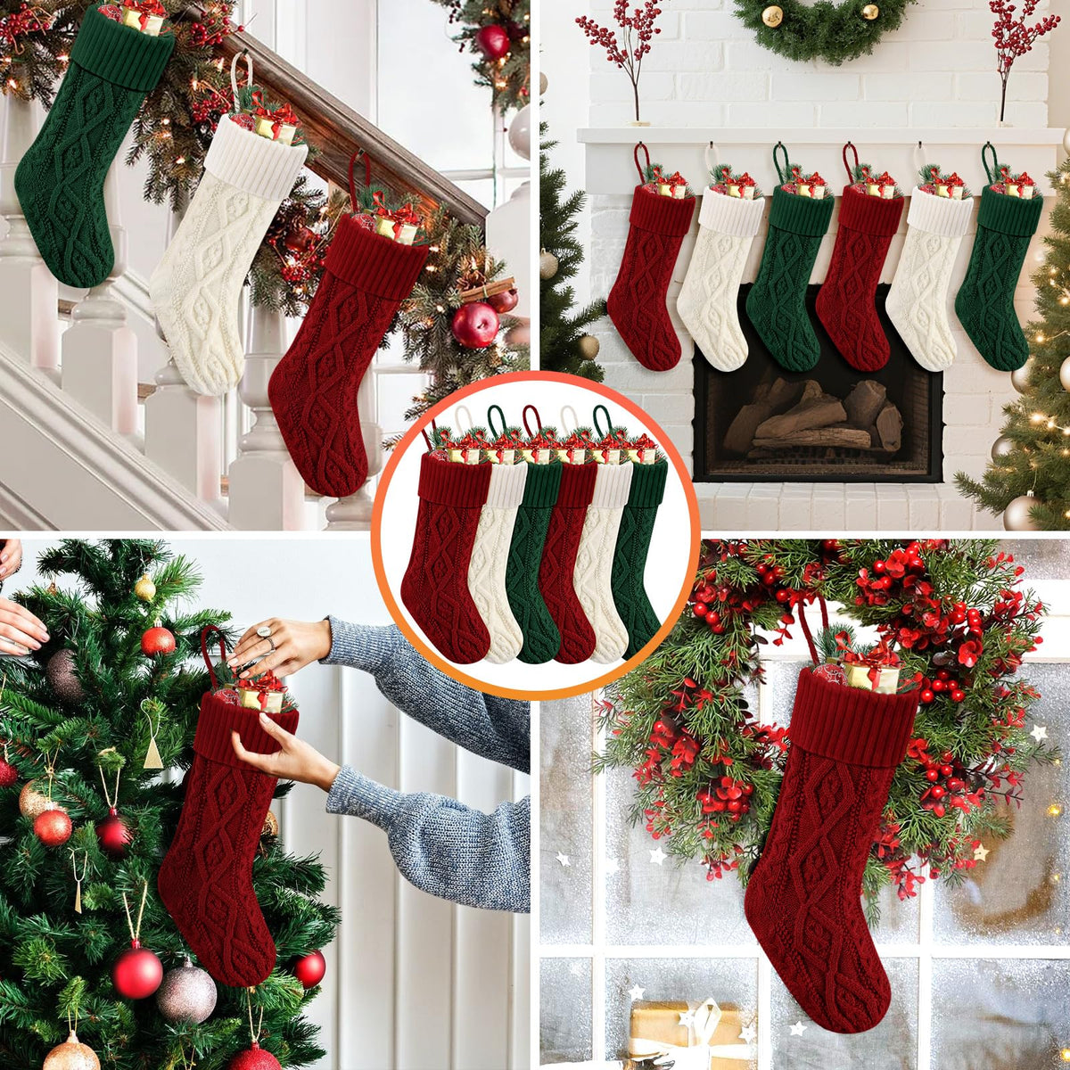 Doitory Christmas Stockings, Knitted Acrylic, 6 Pack in Red White Green