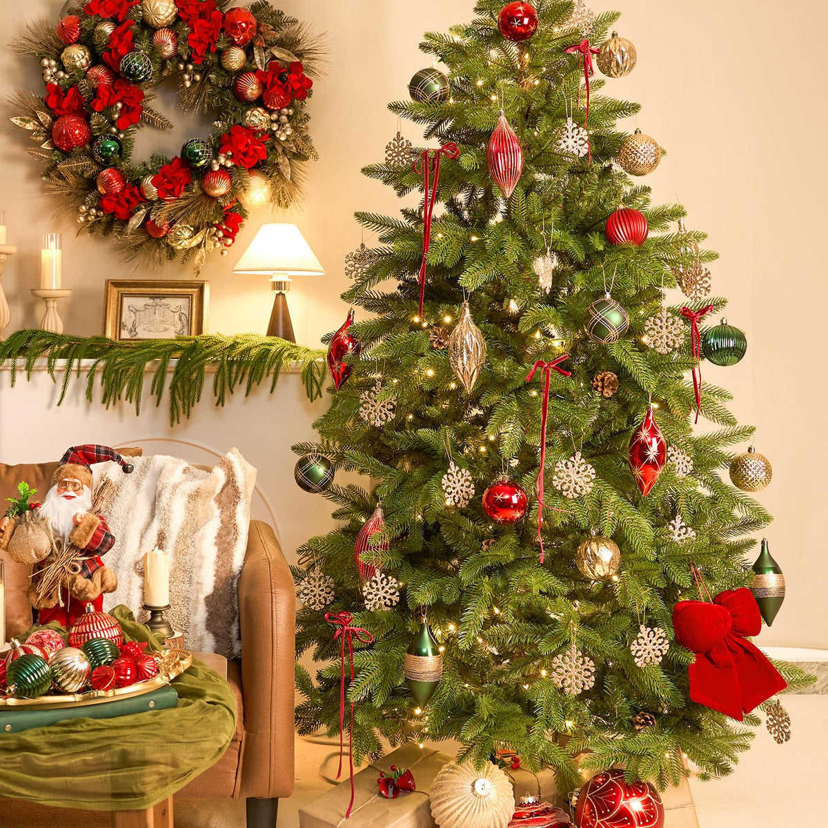 Jornoy Christmas Tree Baubles, 3.15 Inch Shatterproof Plastic, Set of 12 in Red Green Gold