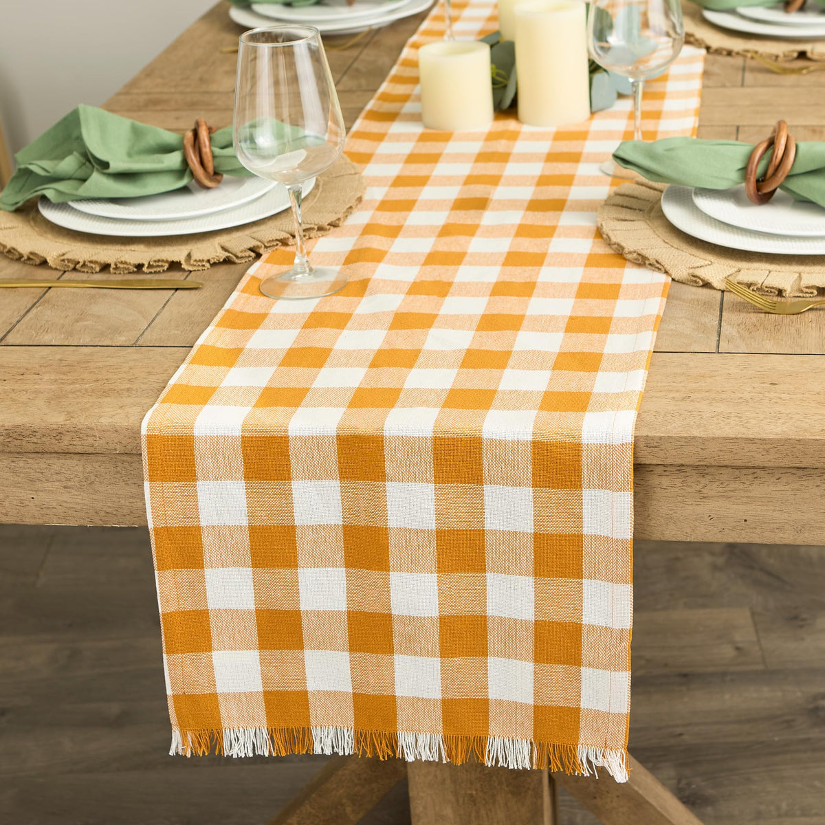 DII Check Fringed Table Runner, 14x108 Inches, Pumpkin Spice