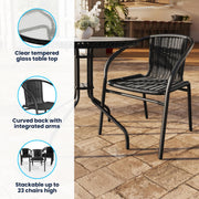 Lila 28'' Round Glass Metal Table with Black Rattan Edging and 2 Black Rattan Stack Chairs by Flash Furniture – Table + 2 Chair, Glass, Clear/Black, Model TLH-087RD-037BK2-GG