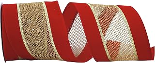 Reliant Ribbon Velvet Mesh Middle Wired Edge Ribbon, 4 Inch X 10 Yards, Red/gold