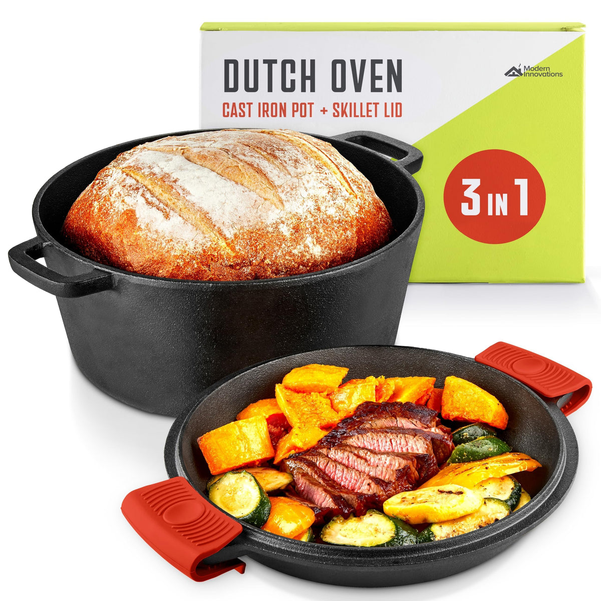 3-in-1 Dutch Oven & Skillet Combo by Modern Innovations – 5 quarts, Cast Iron, Black, Pack of 2, Model 1436