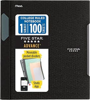 Five Star Advance Spiral Notebook + Study App, 1 Subject, College Ruled Paper, 8-1/2" x 11", 100 Sheets, Spiral Guard, Movable Tabbed Dividers, Black (820012A-ECM)