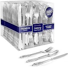 300 Pcs Silver Plastic Silverware Set- 100 Forks, 100 Spoons,100 Knives, Heavy Duty Disposable Utensils Heavyweight Cutlery, Elegant Flatware, Dinner Party, Wedding