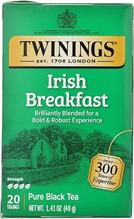 Twinings Irish Breakfast Tea, Robust and Flavourful Caffeinated Black Tea Bags Individually Wrapped, 20 Count