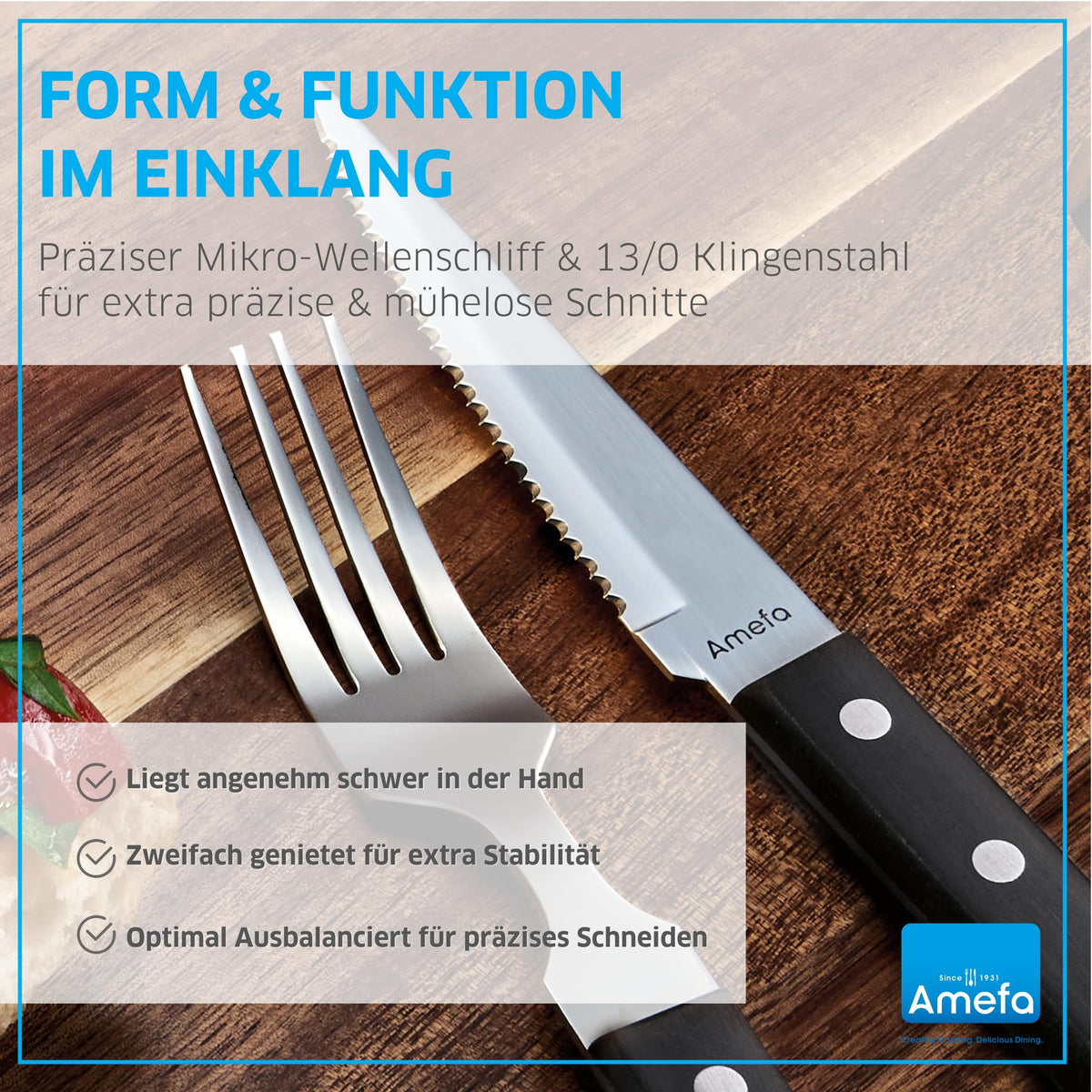 Retail Knife Black Set by Amefa – Steakbesteck Set für 6 Personen, schwarz, Stainless steel, plastic, Silver, Black, Pack of 6, Model STEAK