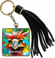 3dRose Happy Birthday. Funny colorful emu bird greeting card, congratulation Tassel Key Chain