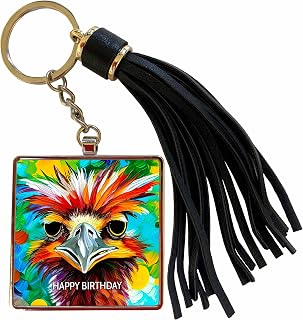 3dRose Happy Birthday. Funny colorful emu bird greeting card, congratulation Tassel Key Chain