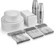 350-Piece Dinnerware Set - 50 Rim Plates, 50 Silverware Pieces, 50 Plastic Cups, 50 Linen-Like Silver Paper Napkins for 50 Guests