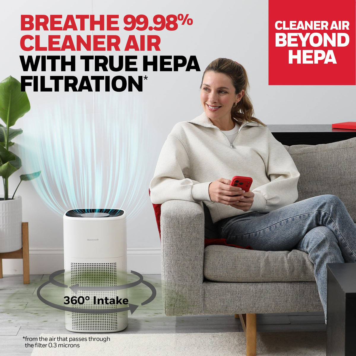 Allergen Plus 4-in-1 HEPA Air Purifier for Home by Honeywell – Large, White, Model HPA4300W
