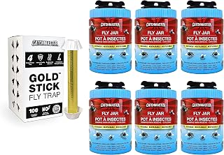 Catchmaster Fly Trap Bundle, Gold Stick 4-Pack & Outdoor Fly Jar 6-Pack, for Garage, Backyard, Pool, Patio & Camping