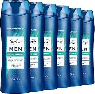 Suave Men Fresh Defense 2in1 Body & Face Wash with Glycerin & Vitamin E, Paraben & Phthalate Free, Cleanse, Moisturize & Refresh, Long-Lasting Fragrance, 18 FL OZ, 6 Count