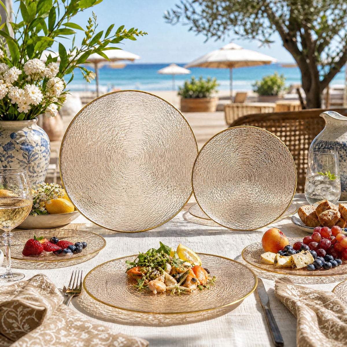 Liacere Plastic Plates, 60 Piece Set, Brown with Gold Rim