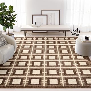 Abani Cozy Brown Area Rug for Living Room, Bedroom - Modern Geometric Square Window Pane Pattern - 4' x 6' - Durable & Easy to Clean