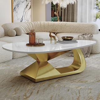 51" Scratch Heat Resistant Coffee Table, Round Coffee Table with Stainless Steel Base, Mesa De Centro para Sala with Elegant Aesthetic for Modern Indoor Spaces, Gold+White