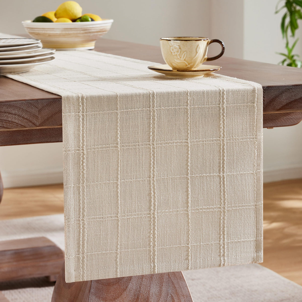 ZeeMart Plaid Linen Blend Table Runner, 13 x 72 Inches, Beige