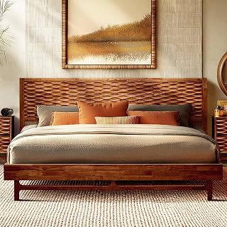 Acacia Elara Wood Bed Frame with CNC-Carved Headboard, King Size, Walnut