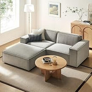 Modway Restore Performance Fabric Upholstered 3-Piece Modular Loveseat with Ottoman in Pewter - Low Profile Sectional Sofa Set with Coil Seat Support and French Piping