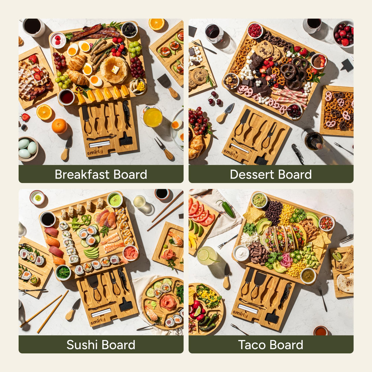 Smirly Bamboo Charcuterie Board Set, 15.7 x 13.3 Inch