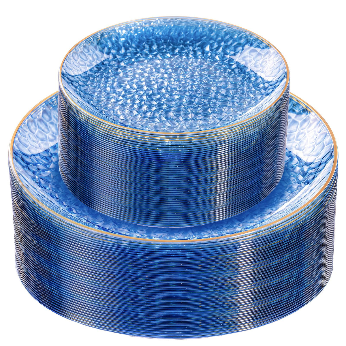 Rubtlamp Hammered Plastic Plates, Clear Blue With Gold Rim, 60 Count