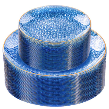 Rubtlamp Hammered Plastic Plates, Clear Blue With Gold Rim, 60 Count