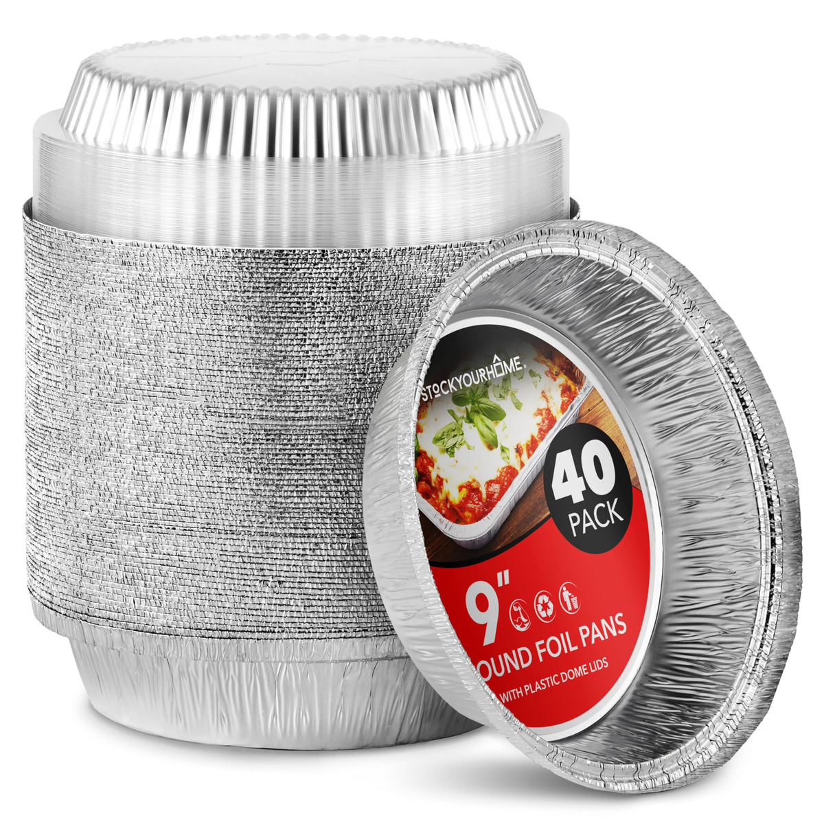 9" Round Aluminum Foil Pans with Lids (40 Pack) Pie Tins Disposable 9 Inch with Lid by Stock Your Home – 9 inches, Aluminum, Silver, Pack of 40, Model 2915