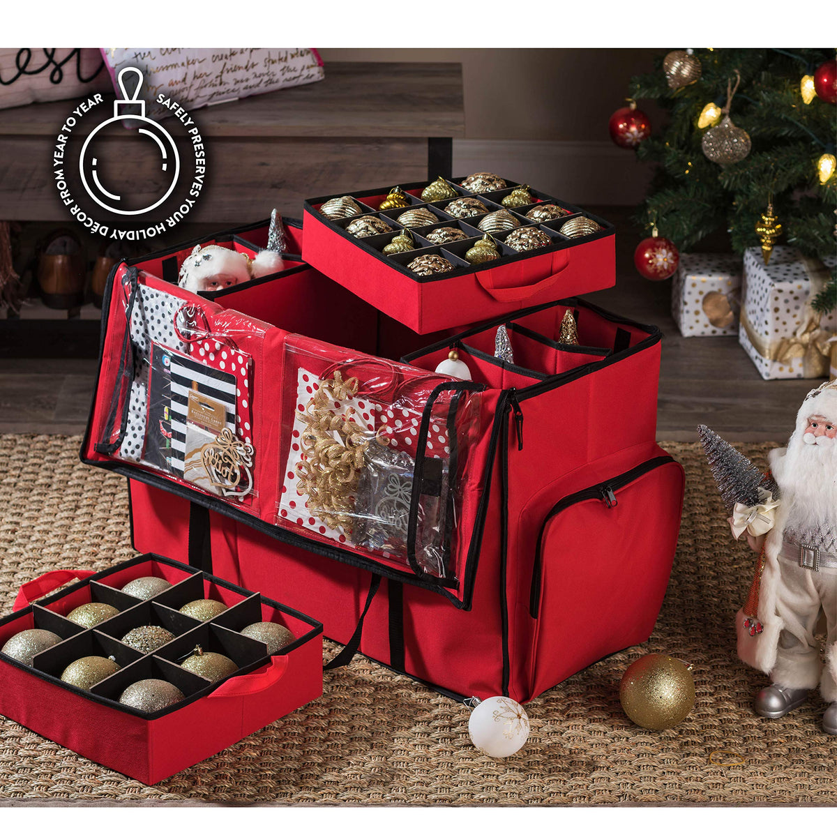 Zober Ornament Storage Box With Trays, Holds 73 Ornaments, Red
