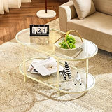 VINGLI 38" Glass Coffee Table, Oval Coffee Tables for Living Room, Beige | 2-Tier Clear Coffee Table with Storage, Small Coffee Table for Small Spaces, Modern Center Table Mesa de Centro para Sala