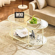 VINGLI 38" Glass Coffee Table, Oval Coffee Tables for Living Room, Beige | 2-Tier Clear Coffee Table with Storage, Small Coffee Table for Small Spaces, Modern Center Table Mesa de Centro para Sala