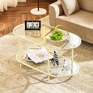 VINGLI 38" Glass Coffee Table, Oval Coffee Tables for Living Room, Beige | 2-Tier Clear Coffee Table with Storage, Small Coffee Table for Small Spaces, Modern Center Table Mesa de Centro para Sala