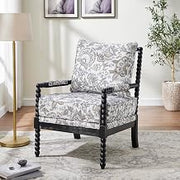 Roundhill Furniture Belvoir Upholstered Spool Accent Chair with Turned Wood Frame, Floral with Black Finish