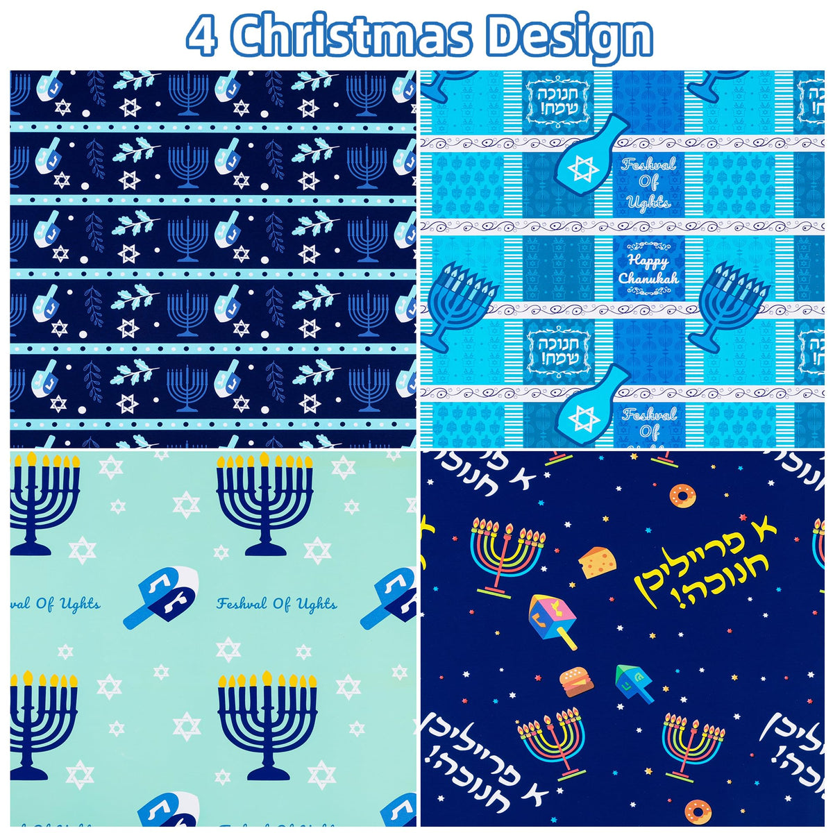 Cherubfunz Hanukkah Gift Wrap, 4 Rolls Totaling 148 Sq Ft, Menorah Dreidel Designs