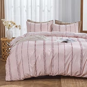 100% Cotton Striped Duvet Cover Set Queen Size, 3Pcs Boho Linen-Like Textured Comforter Cover with Embroidered Stripes, Soft Breathable Bedding Set for All Seasons, (Pink, 88"x92")