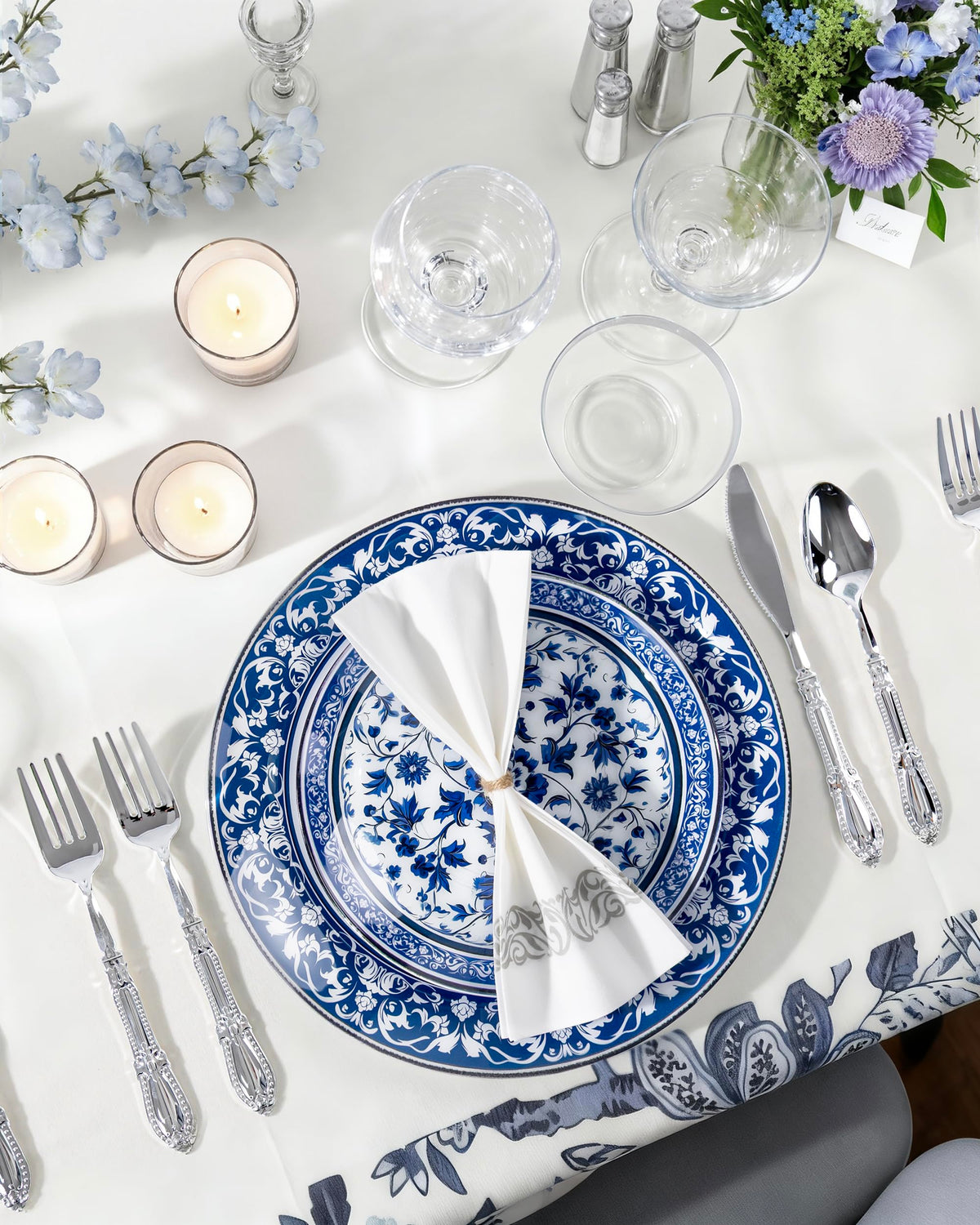 Hioasis Plastic Dinner Plates, 60 Piece Set for 30 People, White and Blue